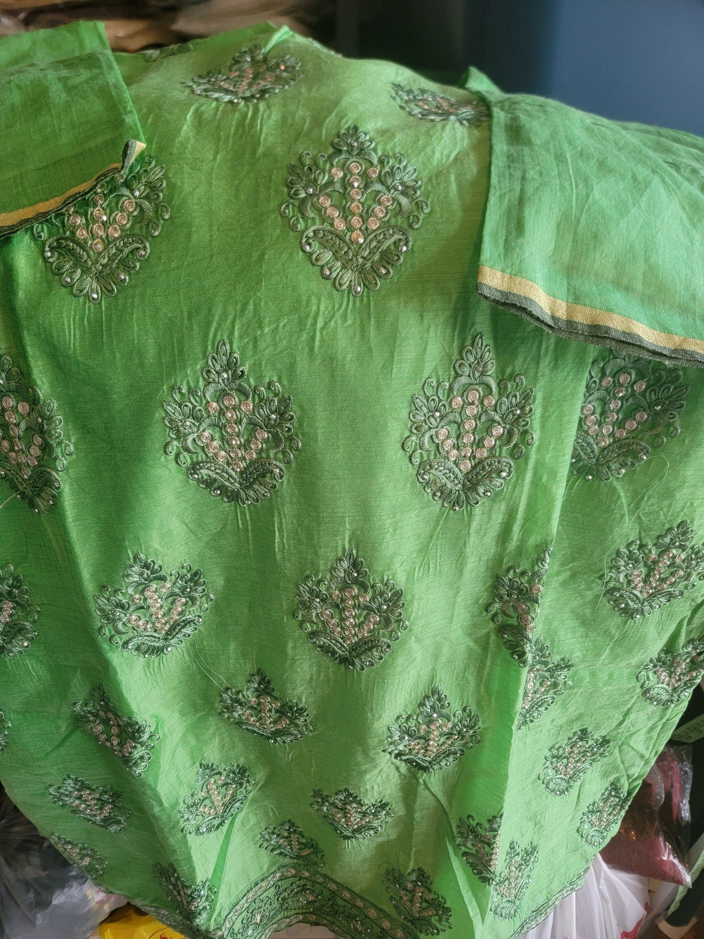Green Cotton Embroidered Salwar kameez plus Chest 52