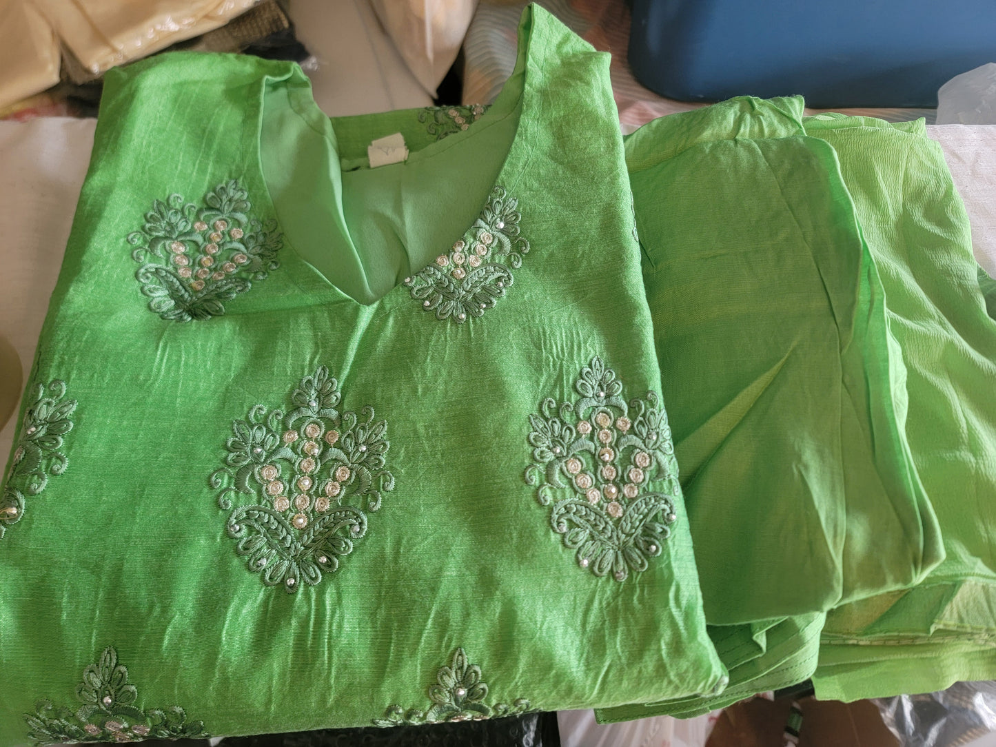 Green Cotton Embroidered Salwar kameez plus Chest 52