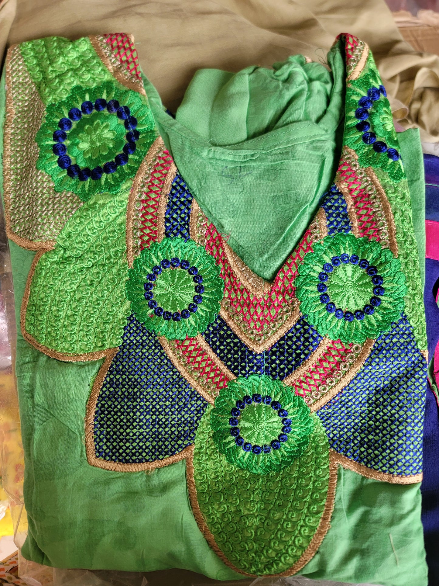 Green  Cotton Embroidered Salwar kameez  plus Chest 52