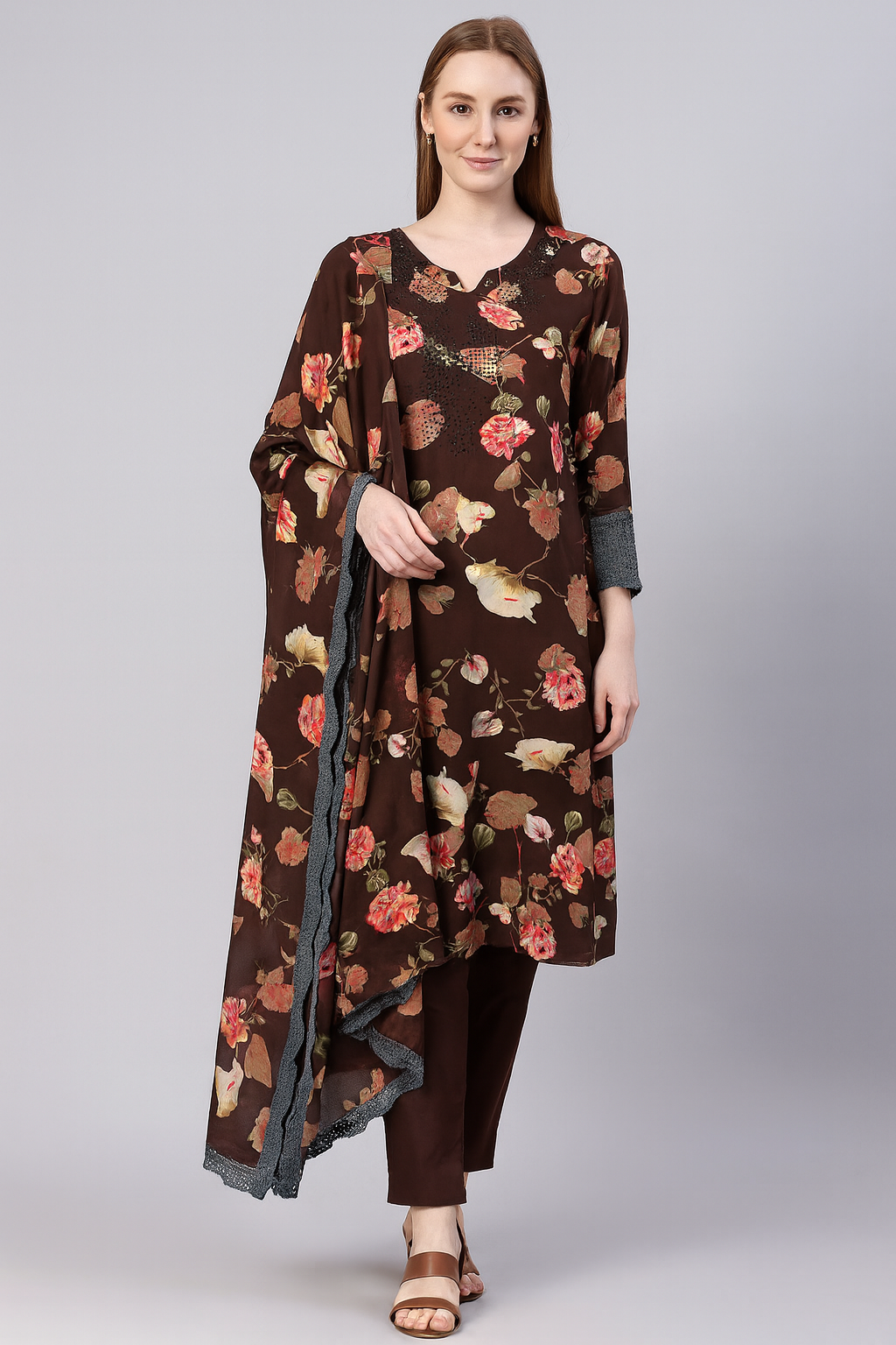 Brown crepe salwar kameez Dupatta set plus chest size 48