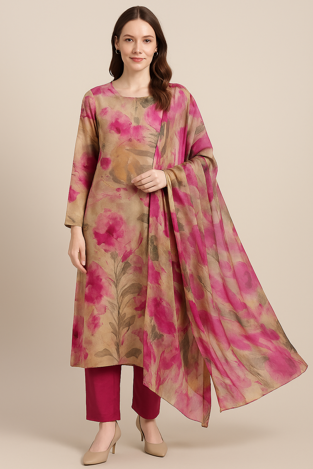 Printed Pink salwar kameez Dupatta set plus chest size 54