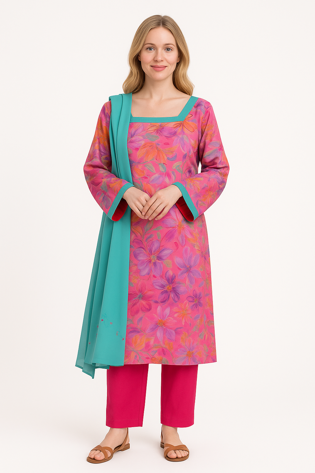 pink printed salwar kameez Dupatta set plus chest size 54