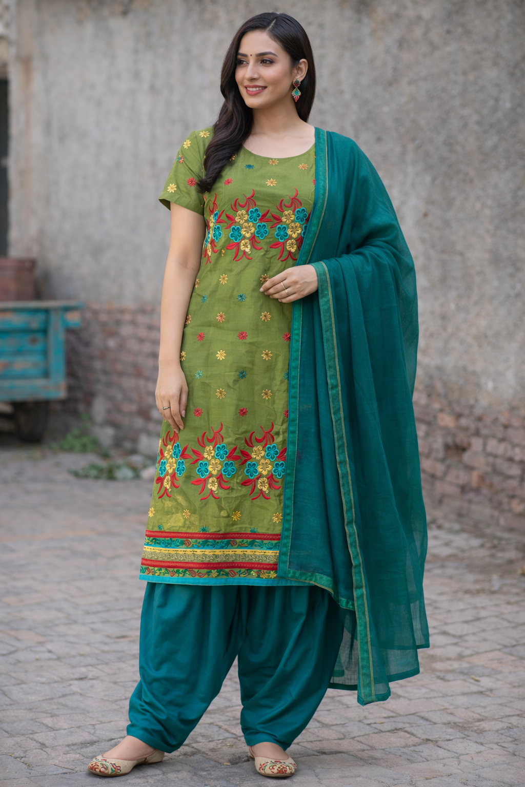 Green cotton embroidered salwar kameez Dupatta chest size 48