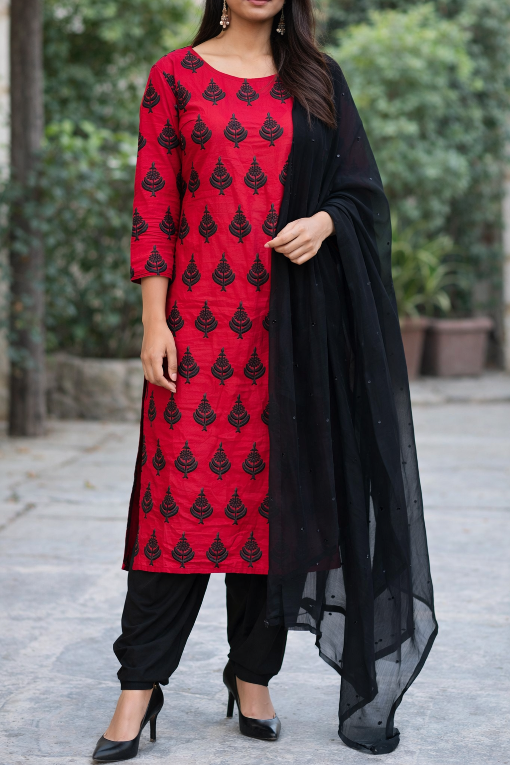 Red Embroidered cotton salwar kameez Dupatta Plus chest size 46