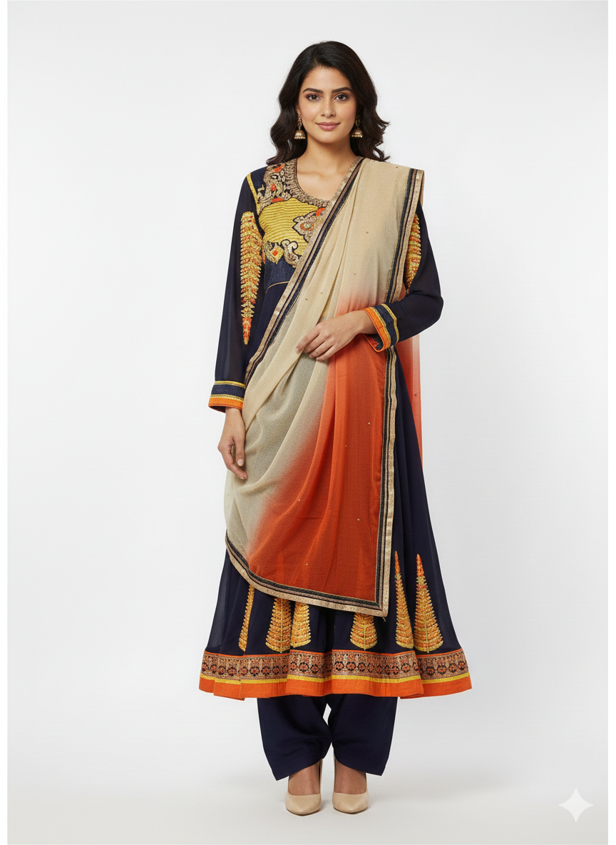 Blue Embroidered Anarkali long Gown Salwar kameez Indian wedding Party wear chest size 40