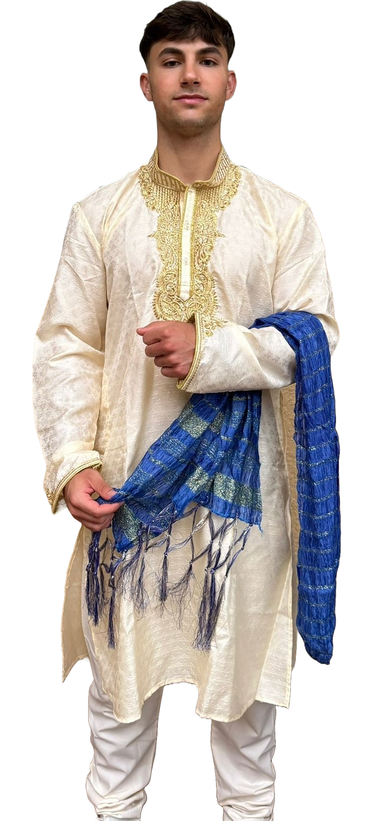 Blue Men's Festive Crushed Silk Dupatta Shawl with Gold Accents