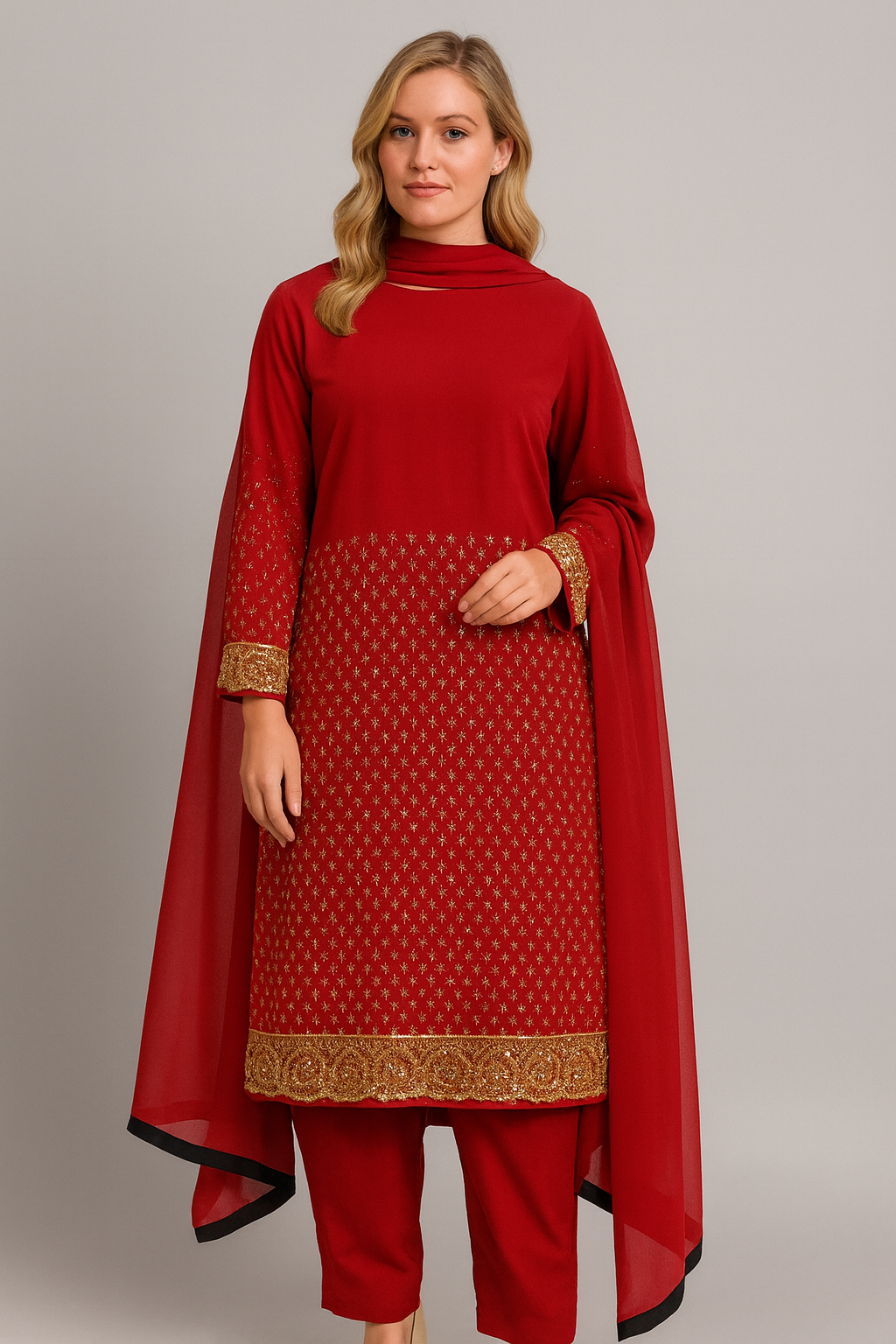 Red salwar kameez Dupatta set plus chest size 52