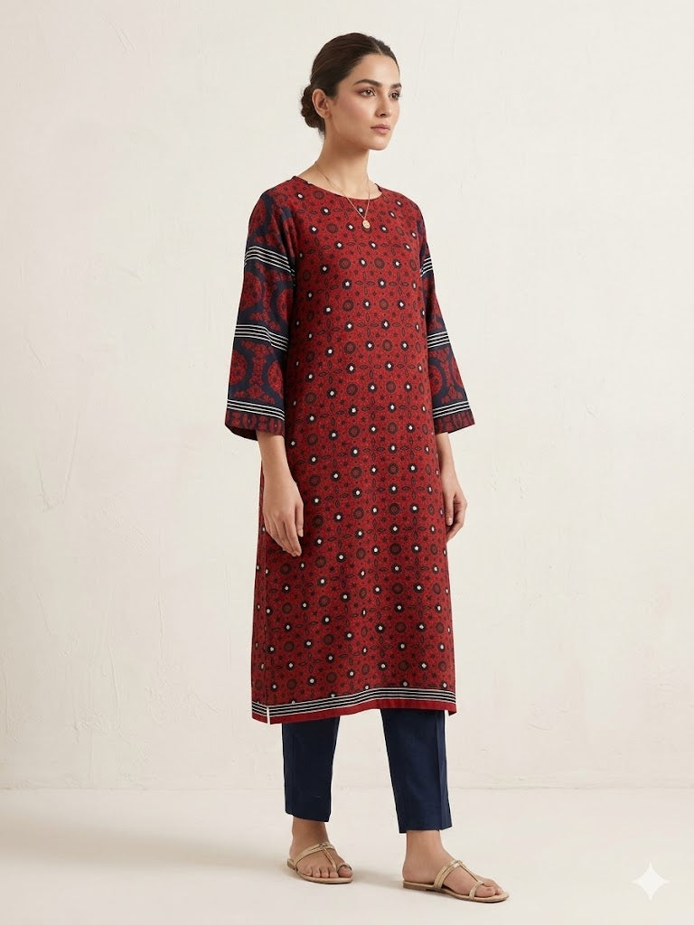 Red Soft cotton Long kurta top Free Dupatta size Small ,Medium