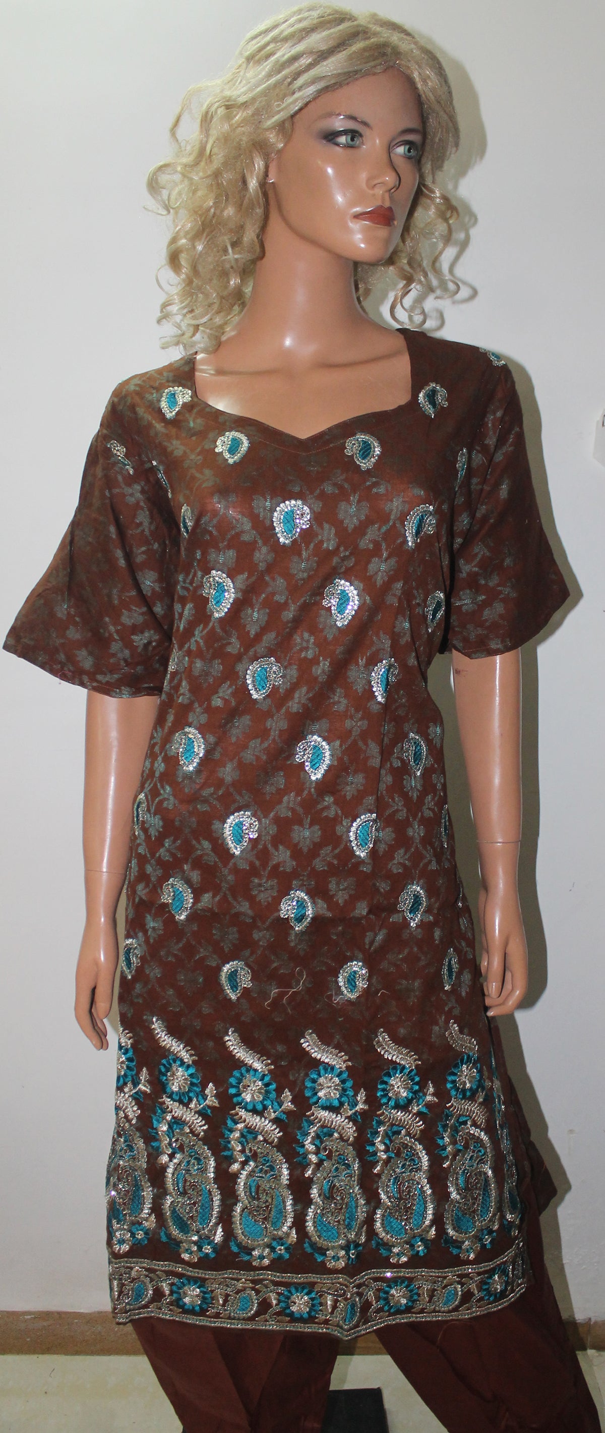 Brown Cotton Embroidered Salwar kameez plus Chest Size 56