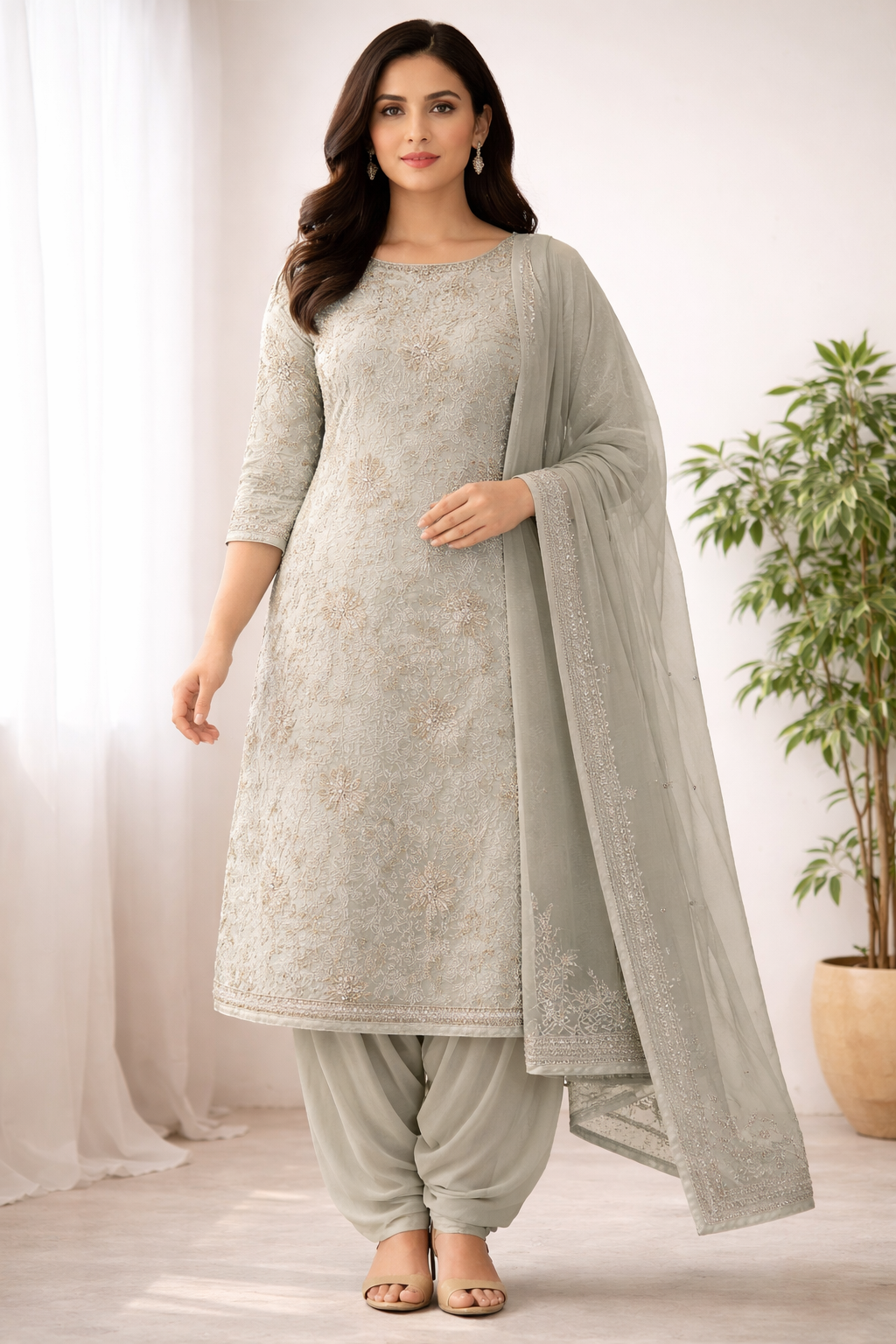 Gray Embroidered salwar kameez dress plus size 52 Indian wedding bollywood party wear