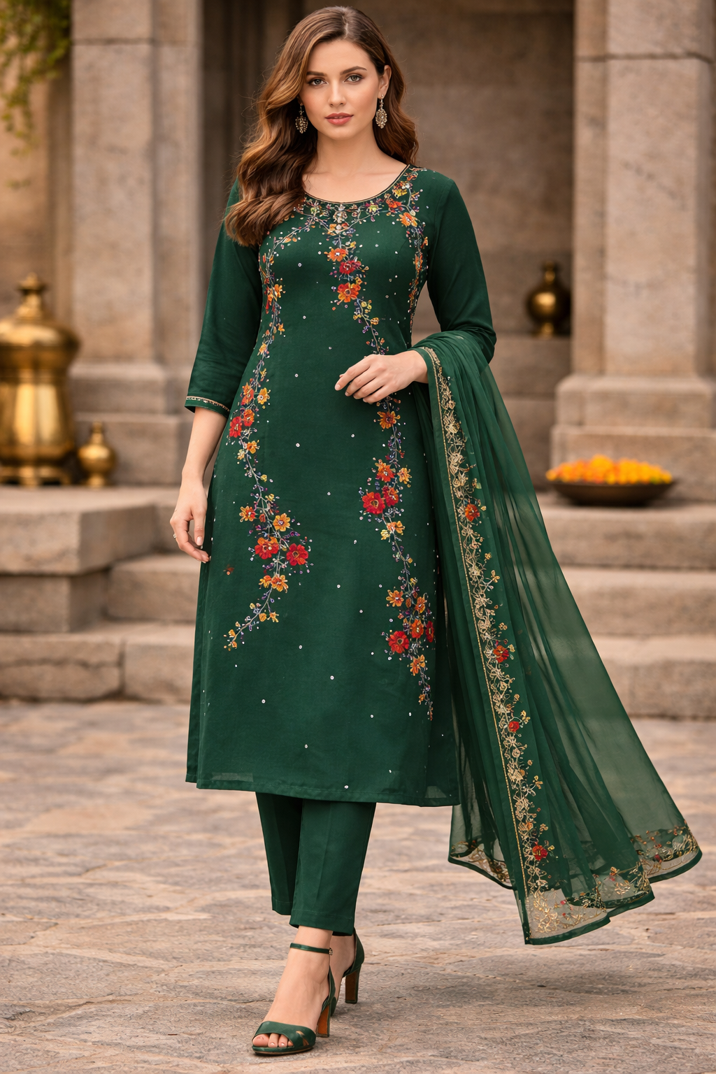 Green Embroidered salwar kameez Dupatta chest size 40