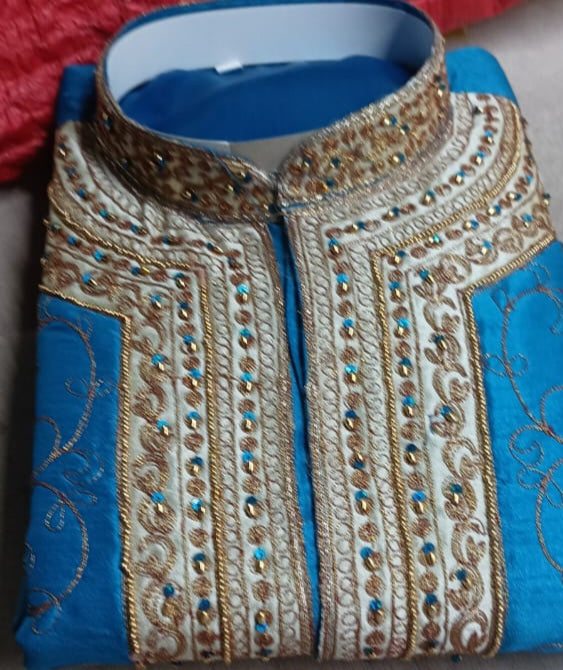 Blue Men Sherwani Kurta Shawl Set Bollywood Indian Wedding Party Wear