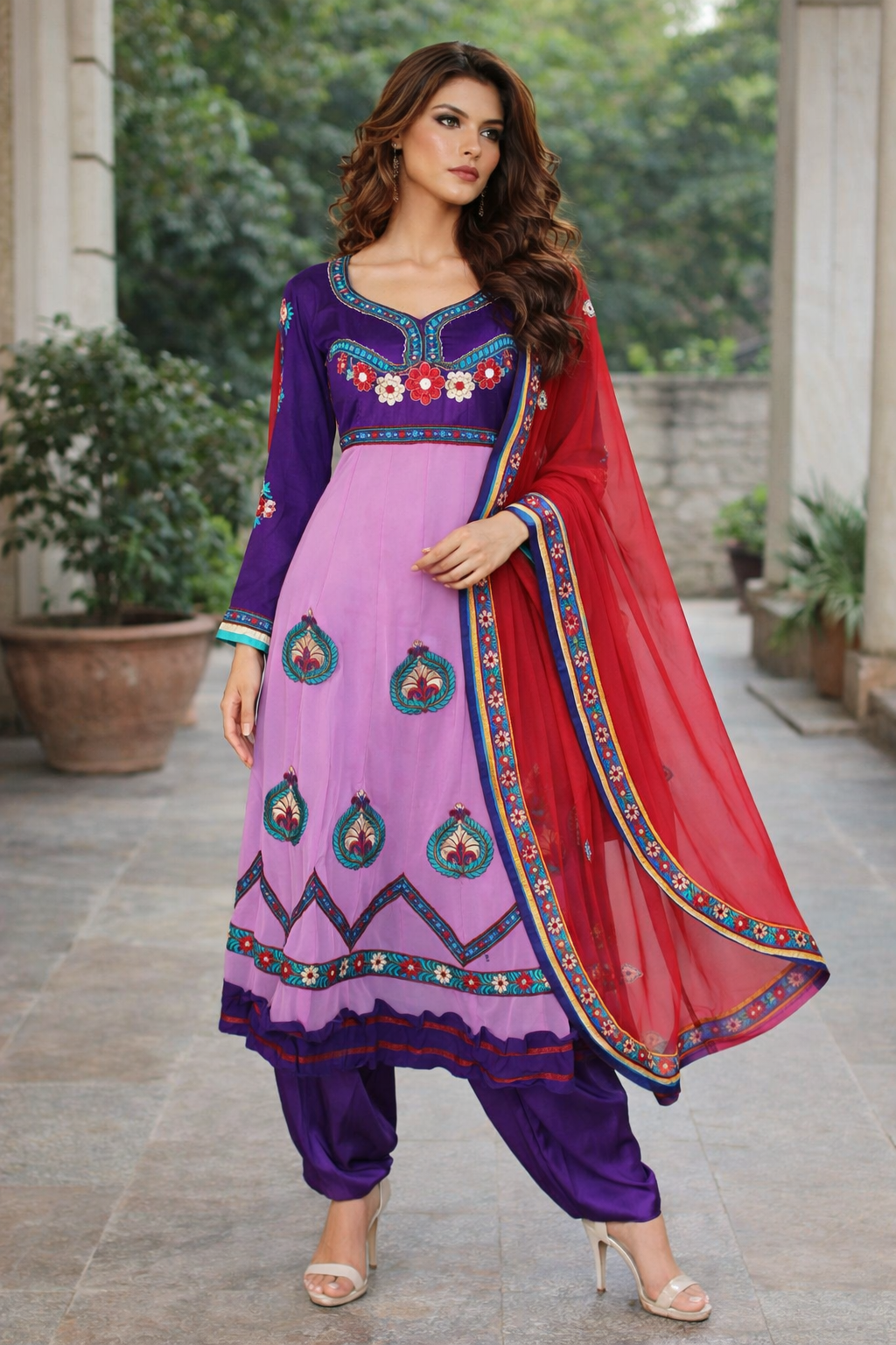 Purple Embroidered Anarkali Salwar kameez Indian Wedding Party wear Plus chest size 48 long sleeves