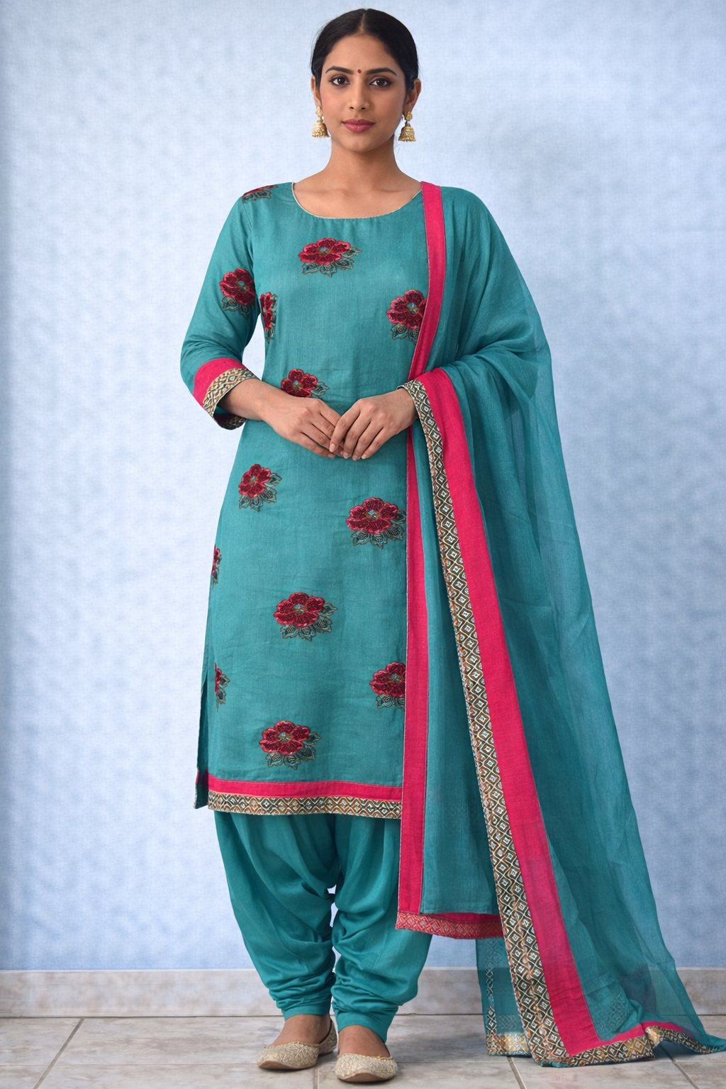 Teal Floral Embroidered Salwar Kameez Set with Dupatta Plus chest size 52