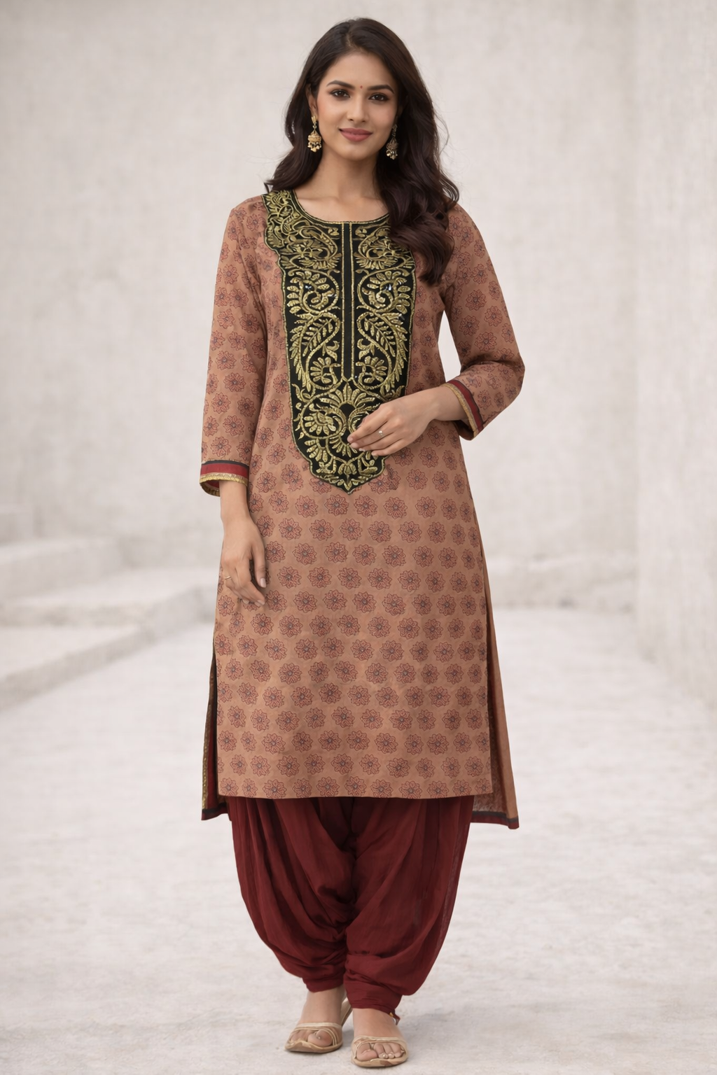 Brown Cotton Embroidered Salwar Kameez Size XL Chest size 46