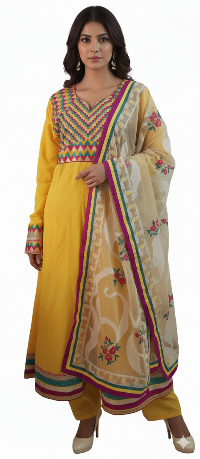 Yellow Embroidered long sleeve Cotton Salwar kameez dress chest size 46 XL Indian wedding party wear