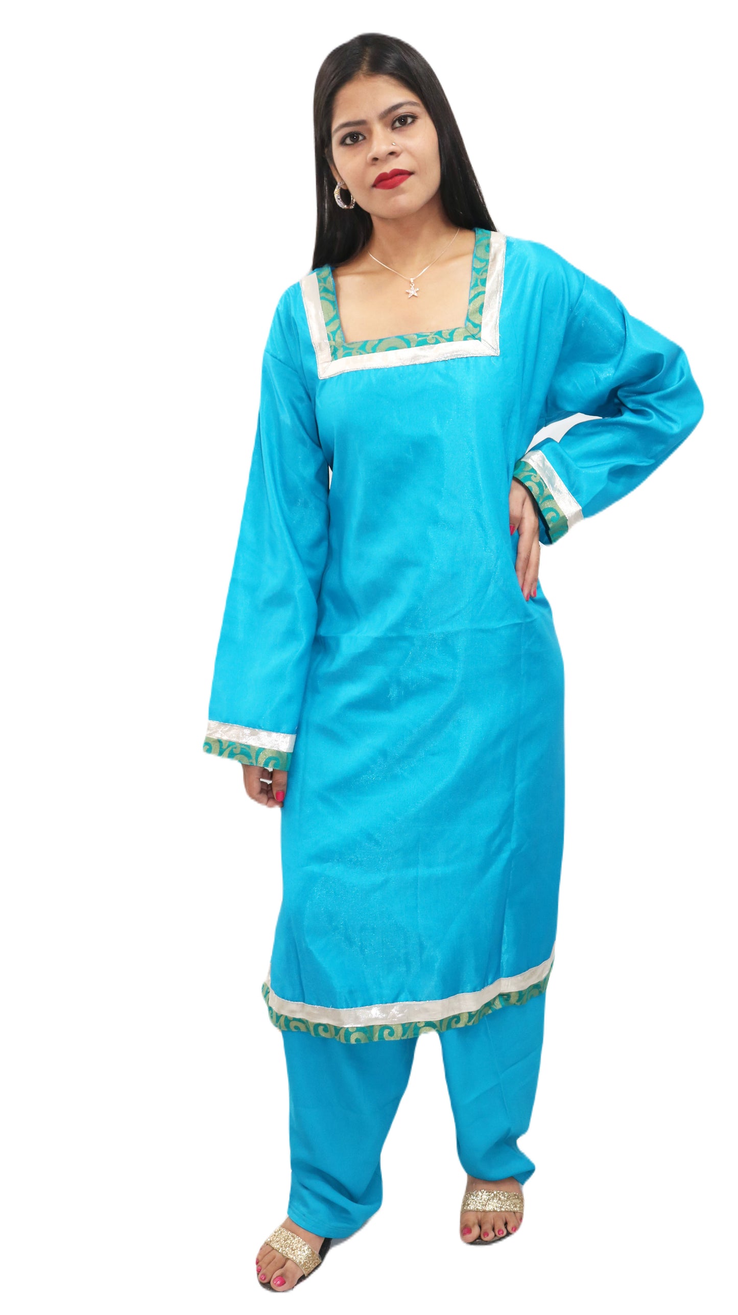 Blue Cotton silk Salwar kameez plus Chest Size 48 Indian Wedding Party wear