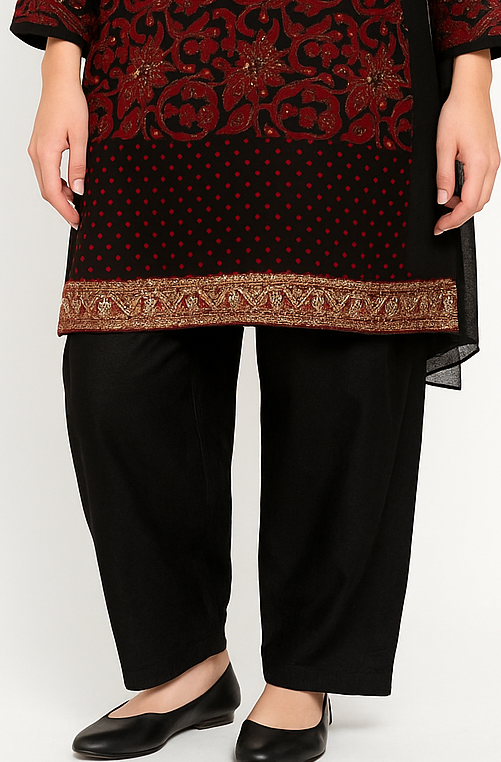 Black Crepe Salwar Bottoms – Classic Drawstring Waist (Sizes XS to 8XL)