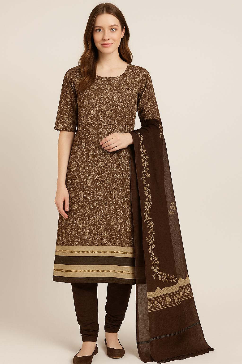 Brown soft crepe salwar kameez Dupatta set plus chest size 52