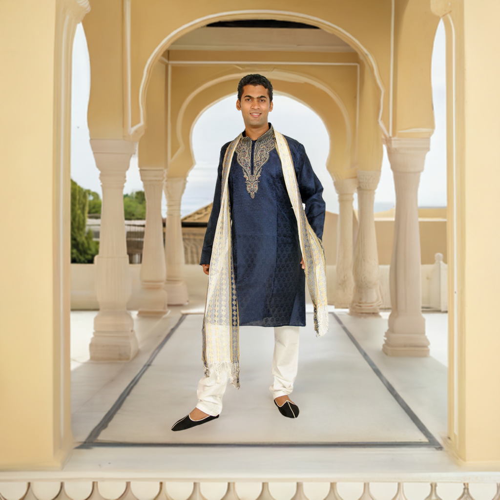 Apparelsonline Blue Men’s Kurta Sherwani Pajama Set with Dupatta Shawl Big Plus Sizes Up to 8XL