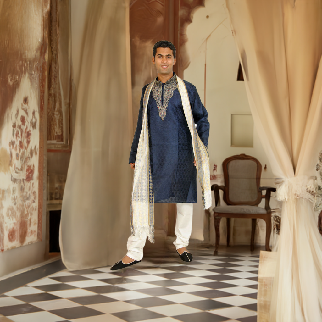 Apparelsonline Blue Men’s Kurta Sherwani Pajama Set with Dupatta Shawl Big Plus Sizes Up to 8XL