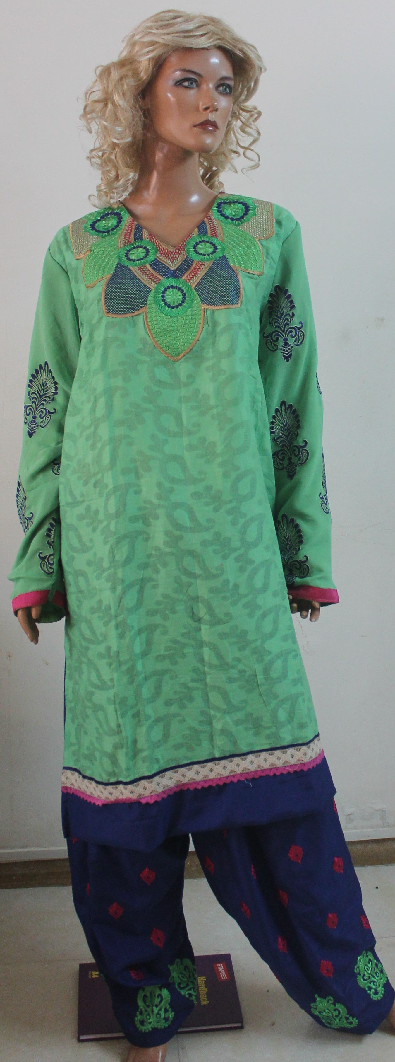 Green Cotton Embroidered Salwar kameez plus Chest 52
