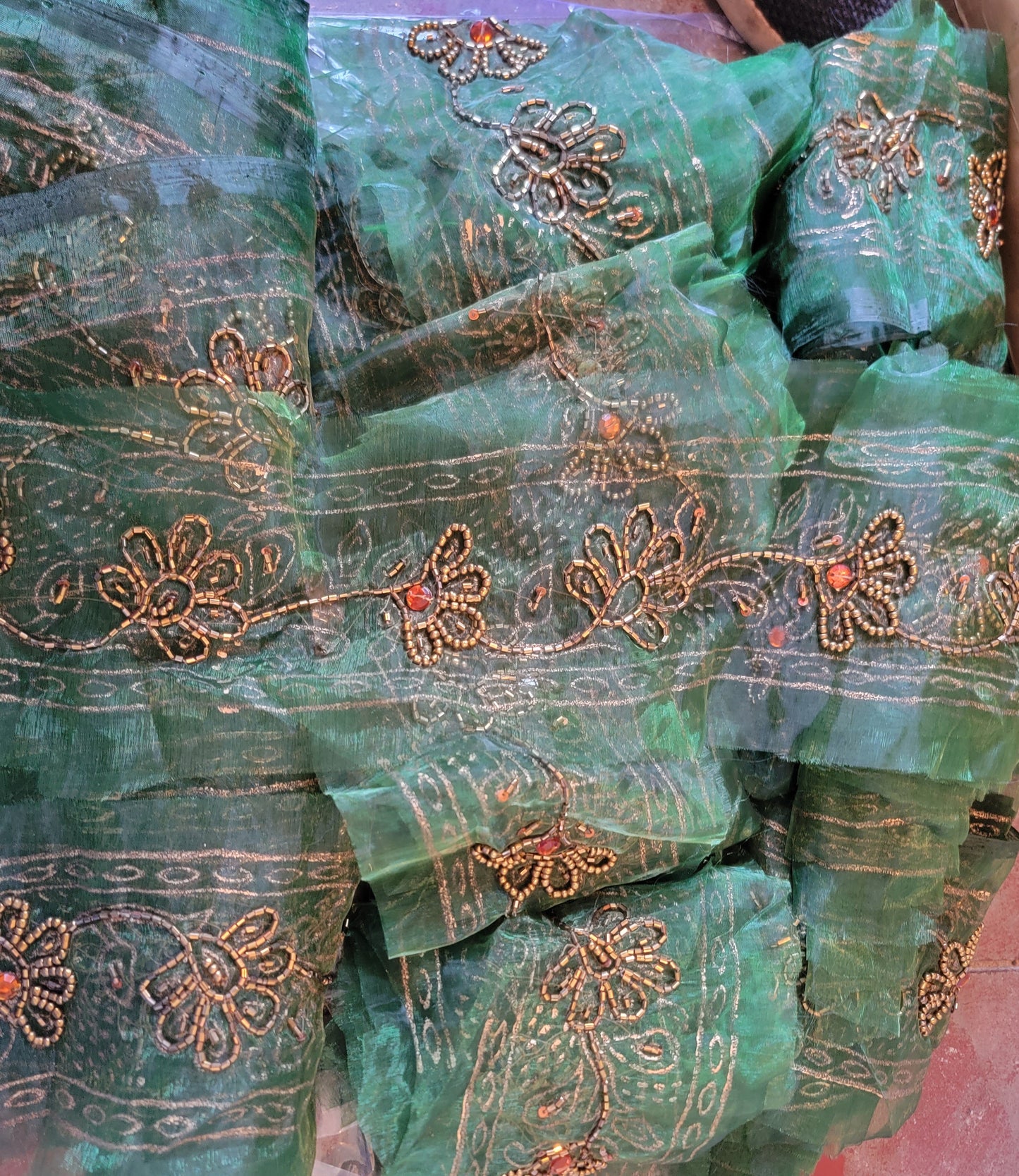 Green hand Beaded lace art craft Stitching fabric Doll Clothes Ornament Projects Stitching Material