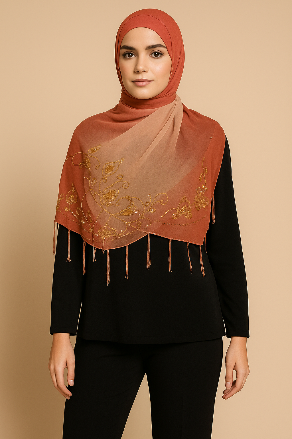 Elegant Beaded Chiffon Shawl – Modest Wear Scarf with Delicate Embroidery and Tassels
