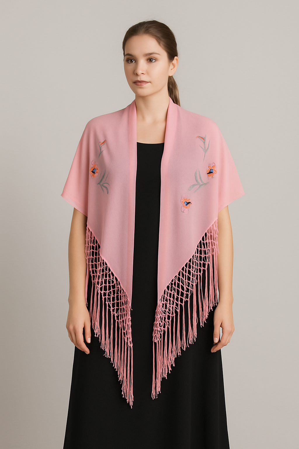 Pink Chiffon Shawl with Fringe Detailing – Versatile Cape Style Wrap for Women
