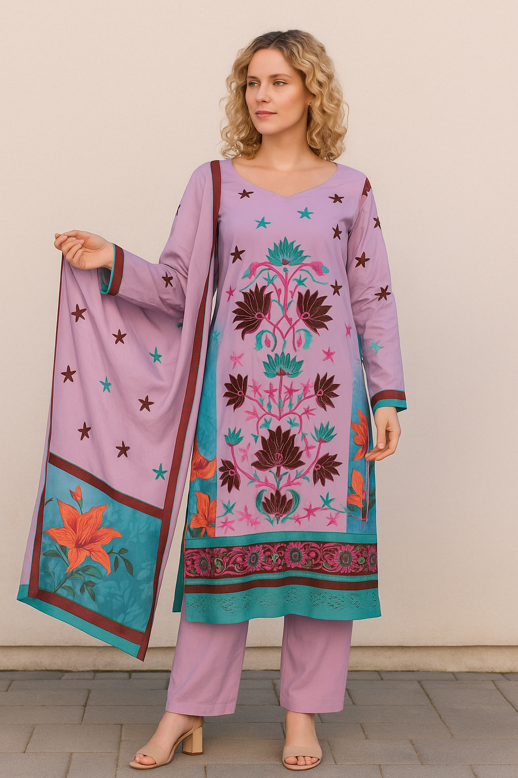 Purple Embroidered salwar kameez Dupatta set plus chest size 48