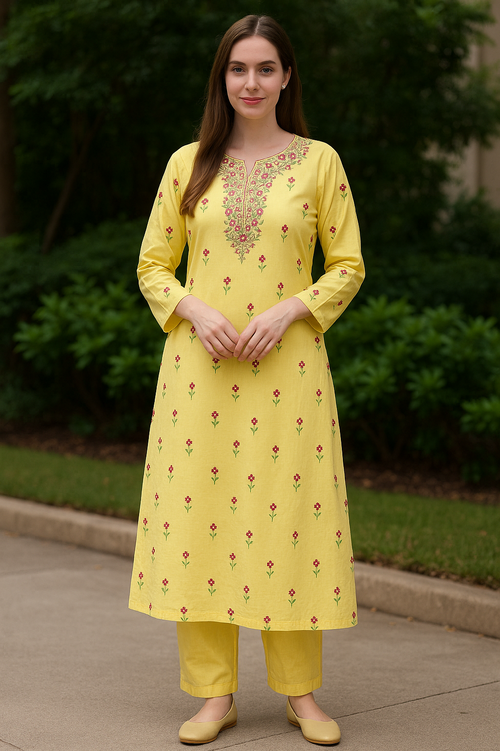 Yellow cotton Hand Embroidered salwar kameez Dupatta set Plus chest Size 50