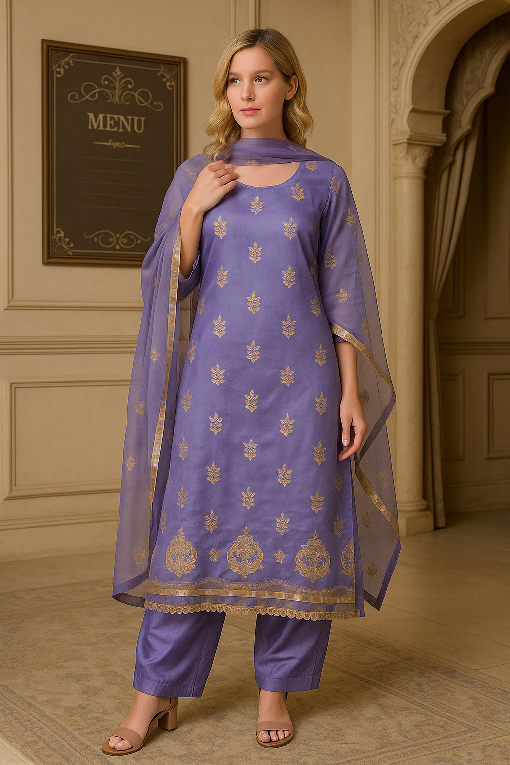 Purple Embroidered salwar kameez Dupatta set plus chest Size 54