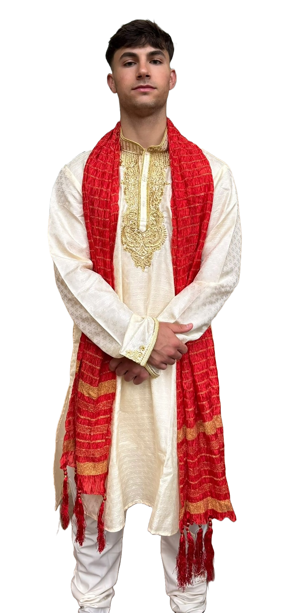 Orange Men's Festive Crushed Silk Dupatta Shawl with Gold Accents