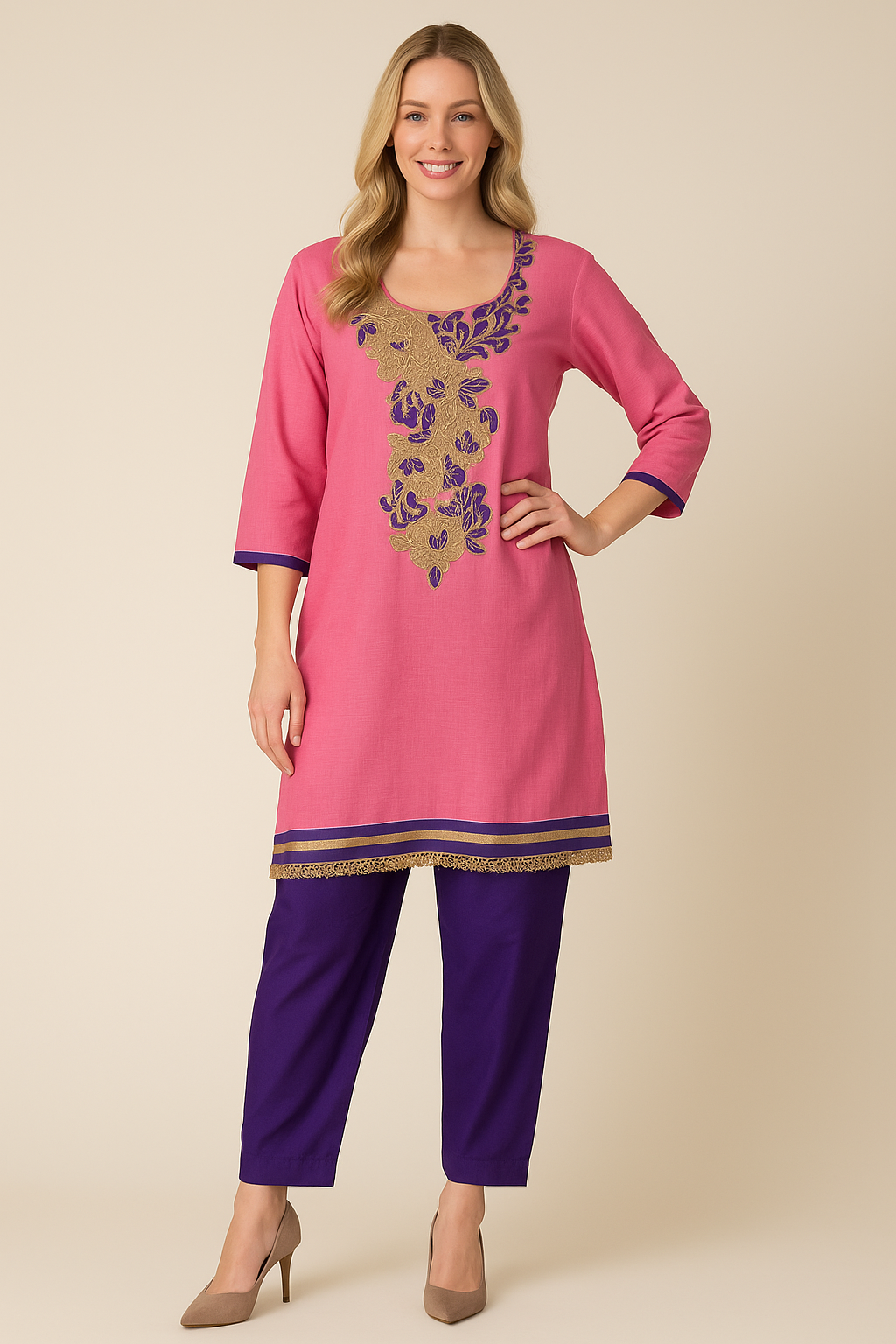 Pink Cotton salwar kameez Dupatta set plus chest size 48