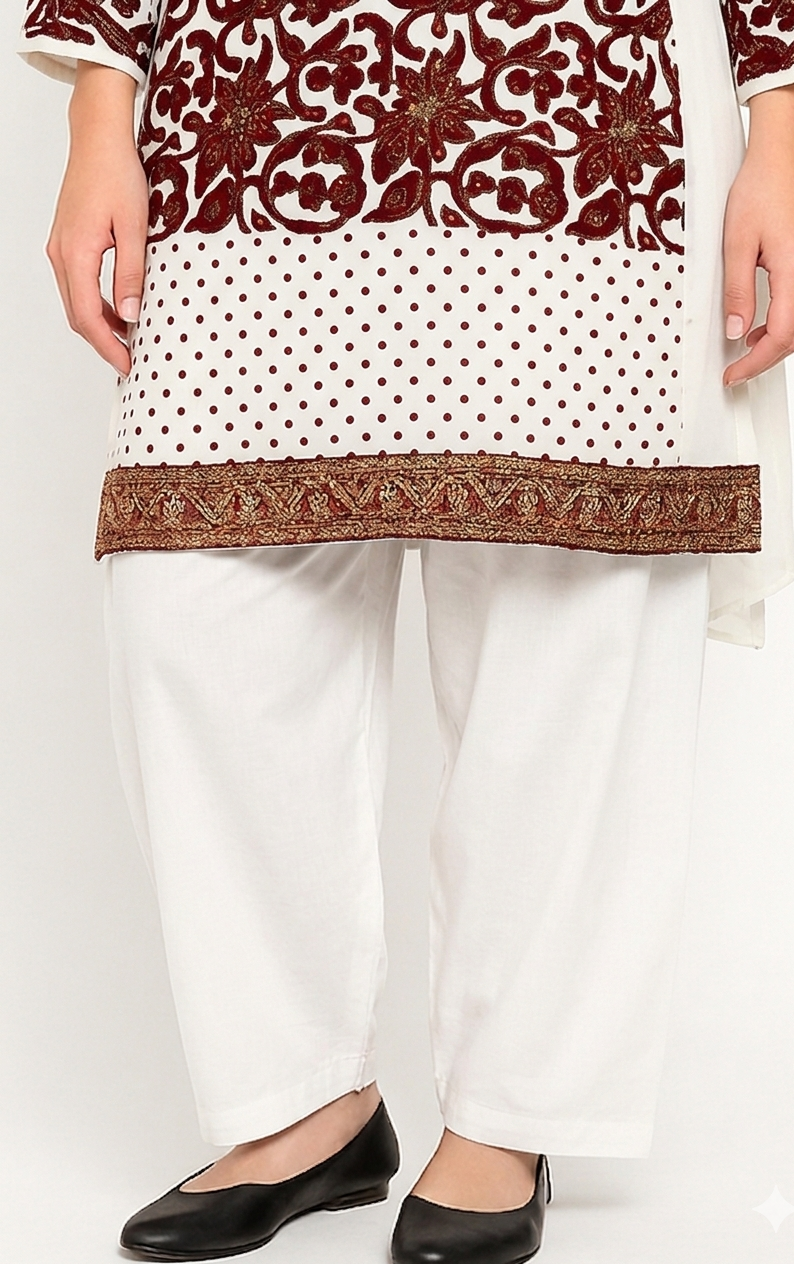 White Crepe Salwar Bottoms – Classic Drawstring Waist (Sizes XS to 8XL)