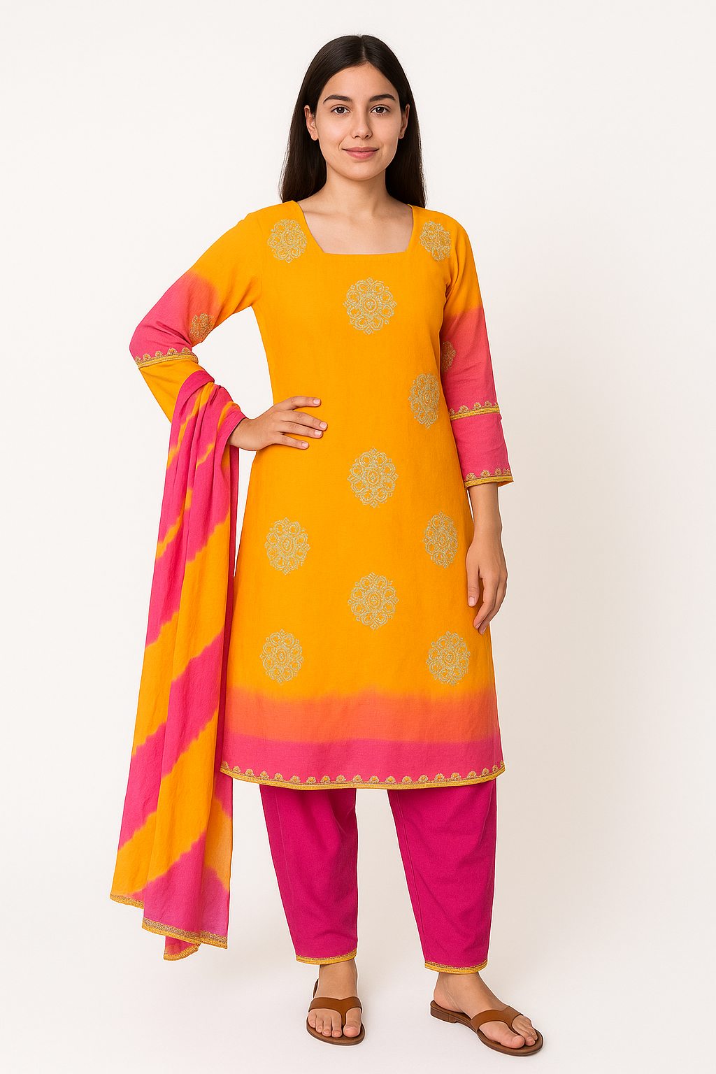 yellow Pink salwar kameez Dupatta chest size 48
