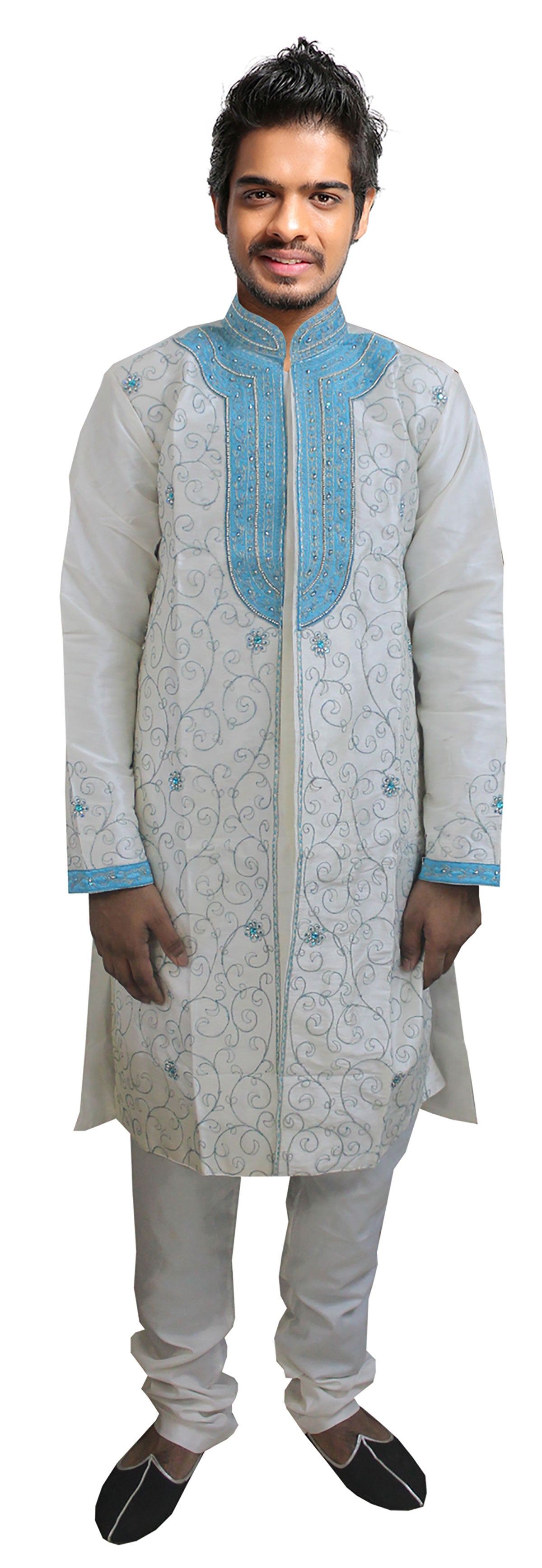 Apparelsonline White Blue Designer Men Sherwani Party Wedding Wear