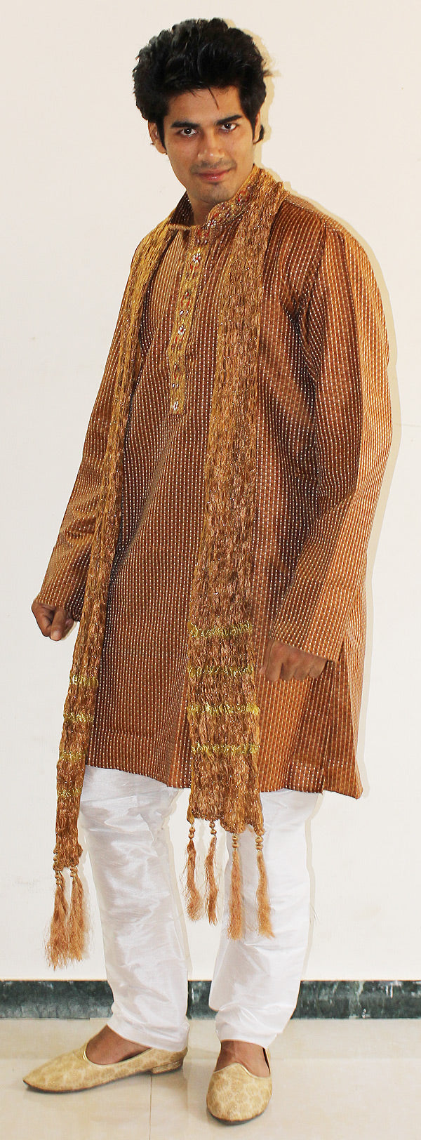 Brown Mens Kurta Salwar With Shawl