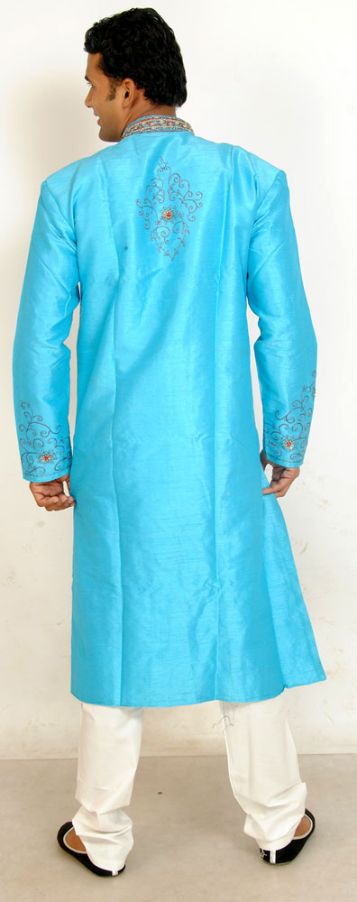 Designer Blue Men’s Sherwani with Matching Beads Shawl | Ethnic Blue Men’s Sherwani