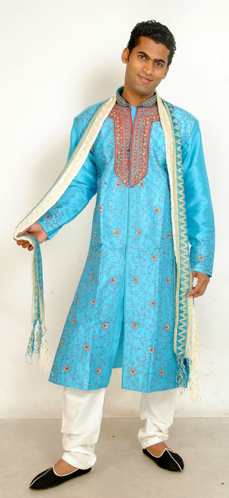 Designer Blue Men’s Sherwani with Matching Beads Shawl | Ethnic Blue Men’s Sherwani