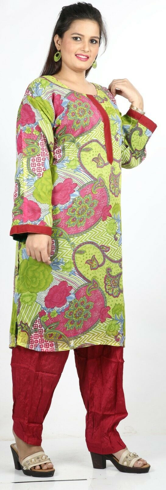 Green Floral Print Summer Salwar Kameez Plus chest 56 Full sleeve Fast ship New