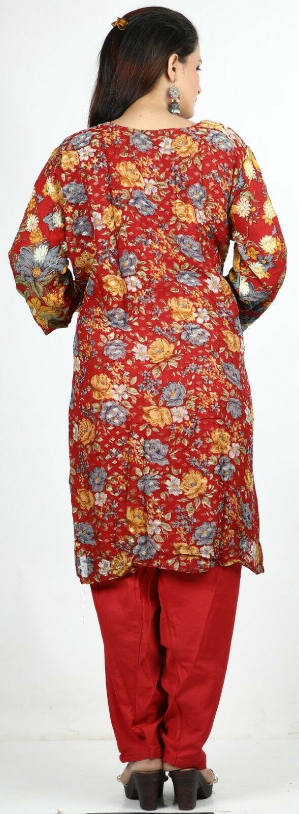 Red Floral Print Summer Salwar Kameez Plus chest 56 Full sleeve Fast ship New