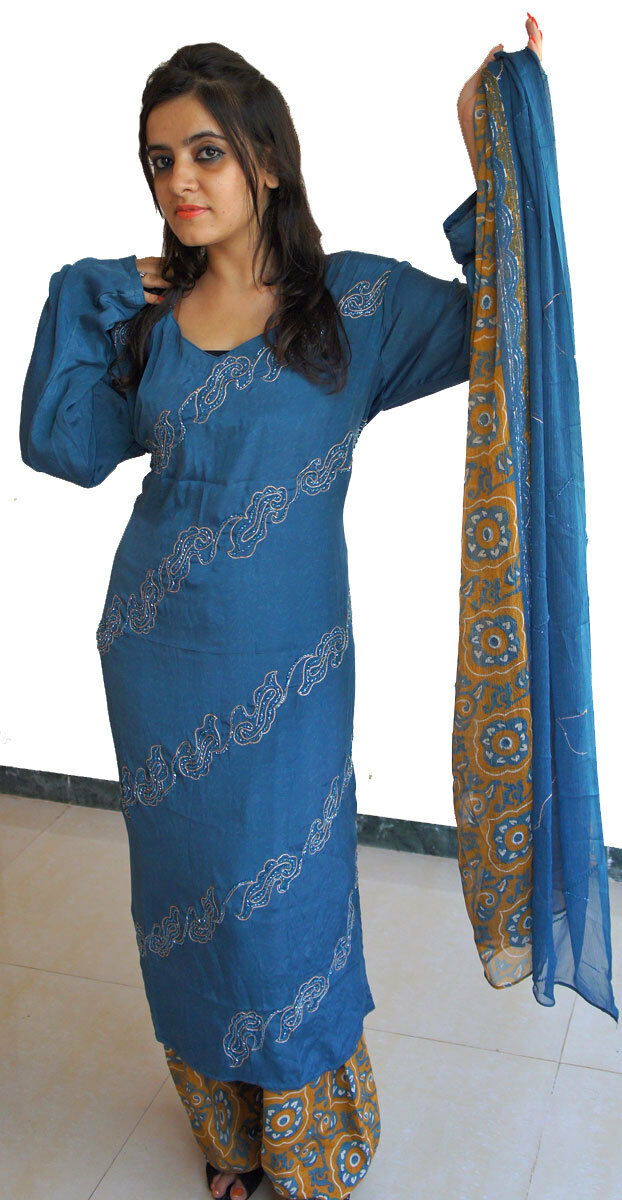 Blue 142 hand Beaded Full sleeves Designer salwar kameez French crepe Plus 50