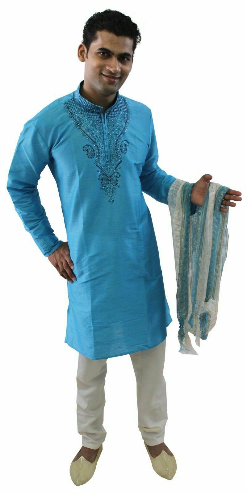 Blue Silk Designer Embroidered Indian Dress Wedding Kurta Sherwani Pajama Set