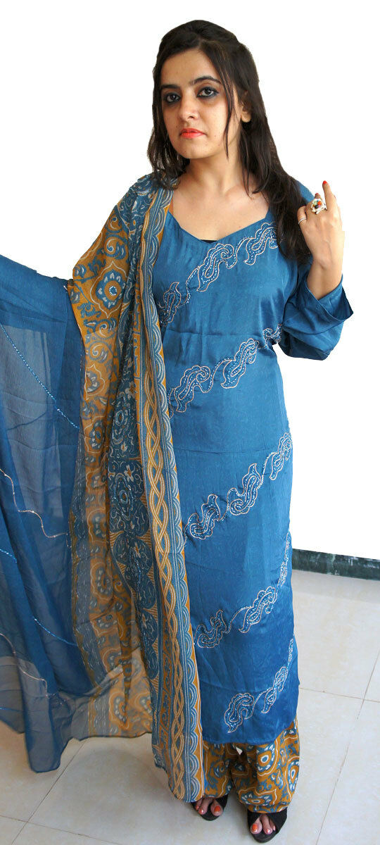 Blue 142 hand Beaded Full sleeves Designer salwar kameez French crepe Plus 50