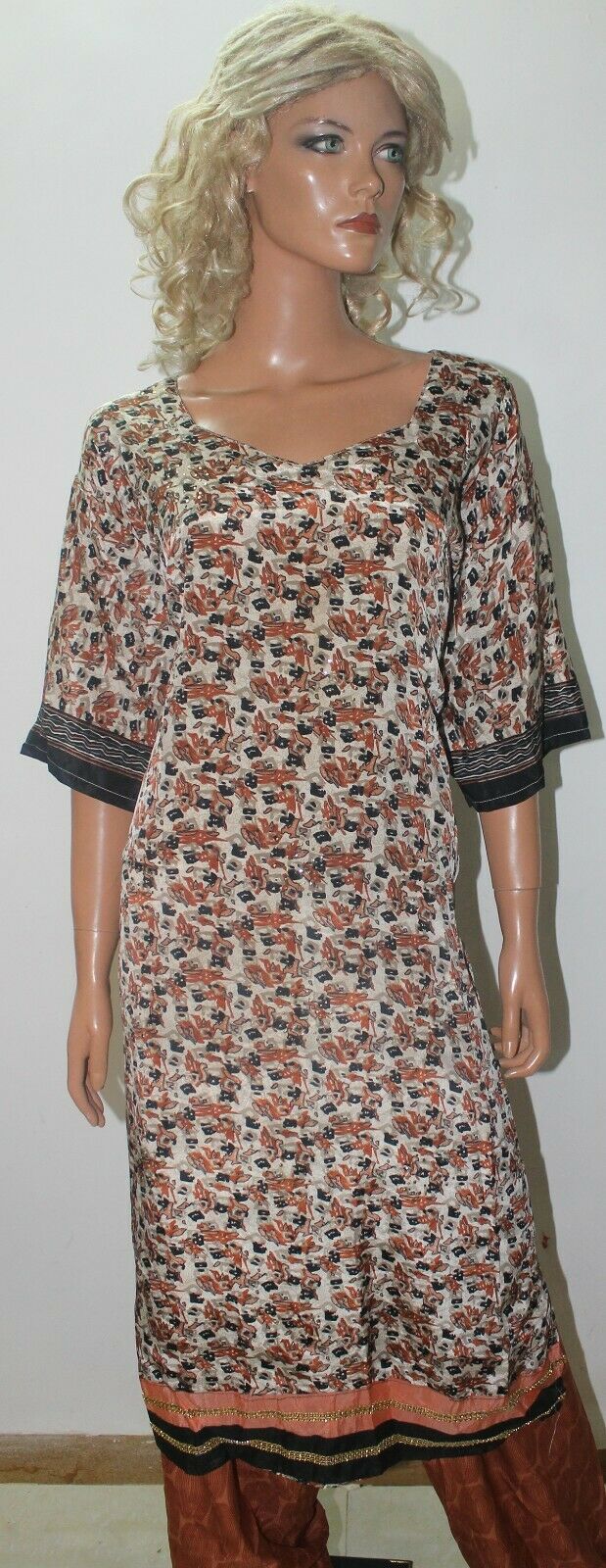 Brown Jamawar Print Soft Crepe  Ready Made Salwar Kameez  chest 56