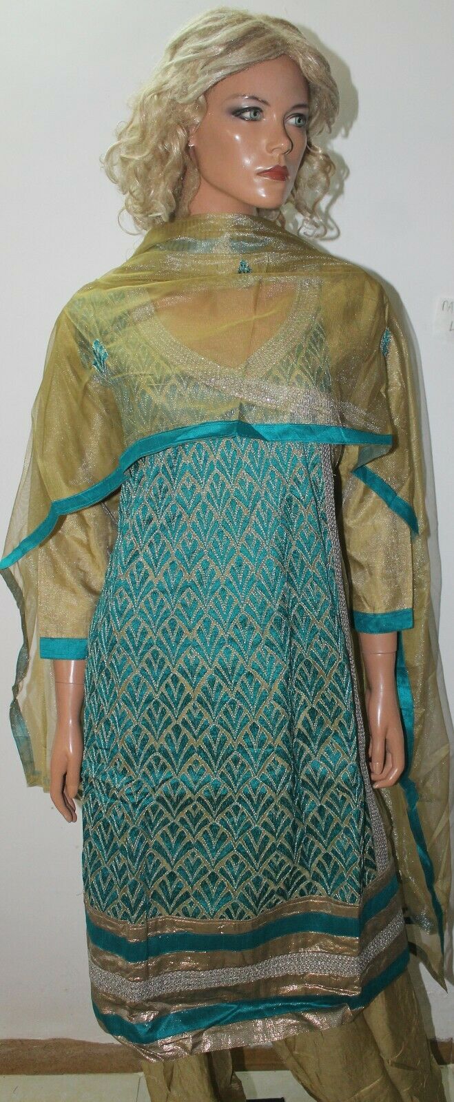 Gold W Blue Thread Embroidered Bollywood Collections Salwar kameez Chest 46