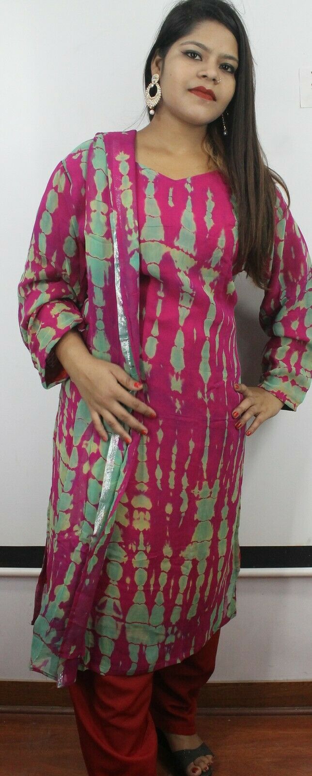 Pink Printed Designer Print Soft Crepe Salwar kameez Ready Wear dress size 56