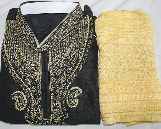 Black Gold  Silk Men Kurta Pajama Shawl Traditional Indian Clothing Sizes XS to 7XL