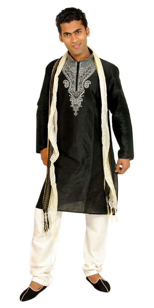 Black Men’s Kurta Pajama Set Wedding Matching Shawl Big Plus Sizes up to 8XL in Stock